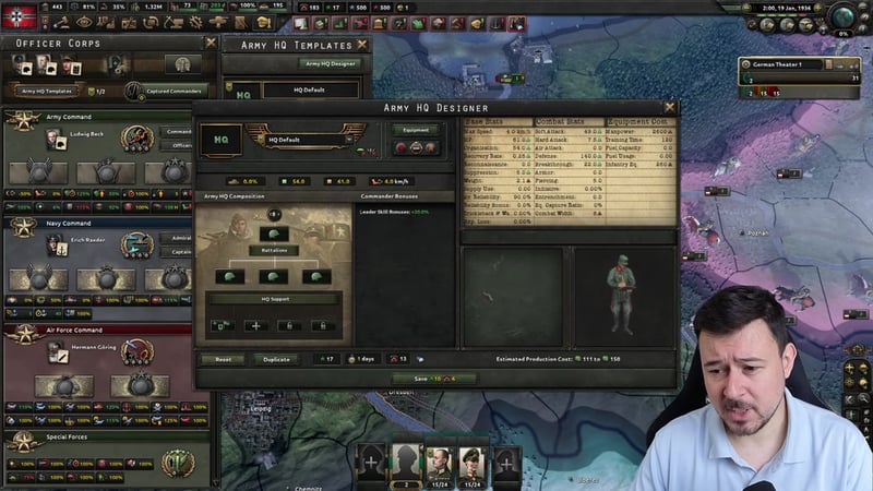 Army HQ Designer stat panel with three battalions in the composition tree, Combat Width capped at 8, and Supply Use reading 0.00