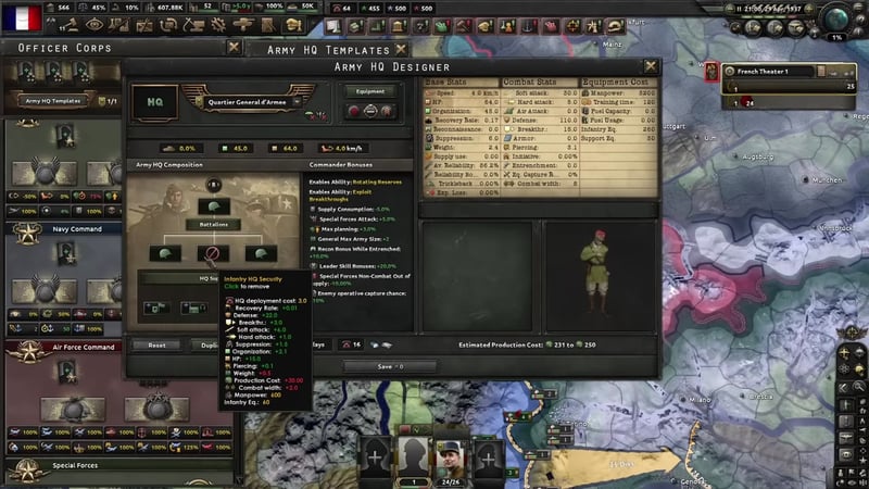 Army HQ Designer with a Battalions row of filler units above the HQ support slots, a tooltip open on Infantry HQ Security showing its bonuses