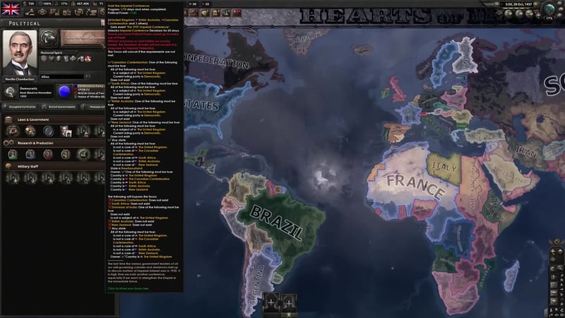 Hearts of Iron IV political screen for the United Kingdom showing the 'Hold the Imperial Conference' focus and its detailed requirements and effects, with a list of Commonwealth subjects on the left and a world map on the right.