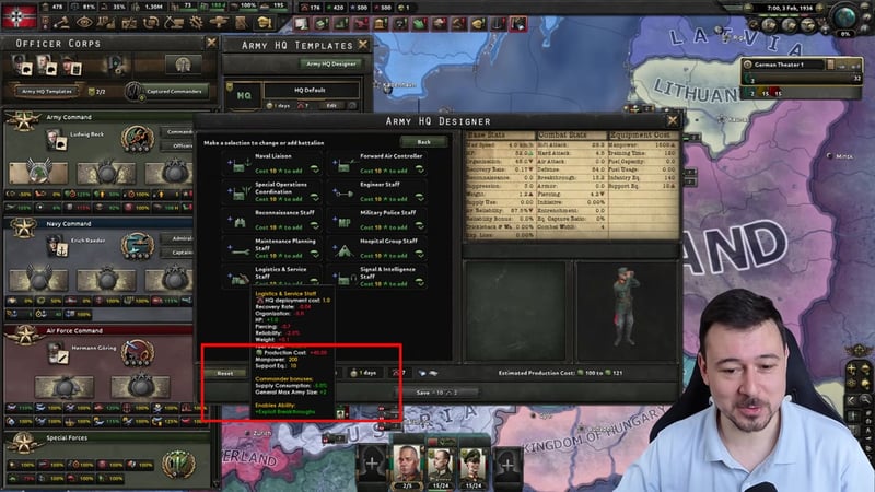 Logistics & Service Staff tooltip with Commander bonuses listing Supply Consumption -5.0% and General Max Army Size +2