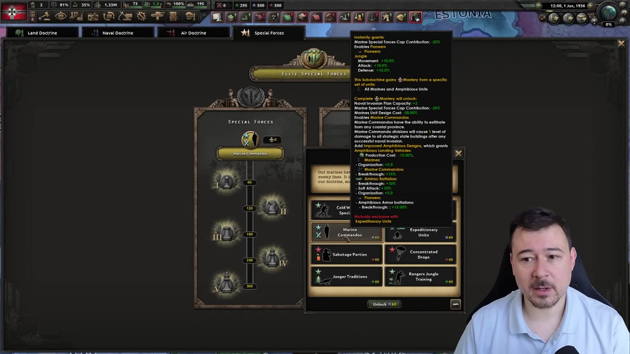 The Marine Commandos tooltip listing its instant grants — Marine Special Forces Cap Contribution -25% and jungle bonuses for Pioneers — followed by full-mastery unlocks: +2 Naval Invasion Plan Capacity, another -25% cap contribution, -50% Marine Unit Design Cost, the ability to exfiltrate from any coastal province, and late breakthrough/soft attack bonuses