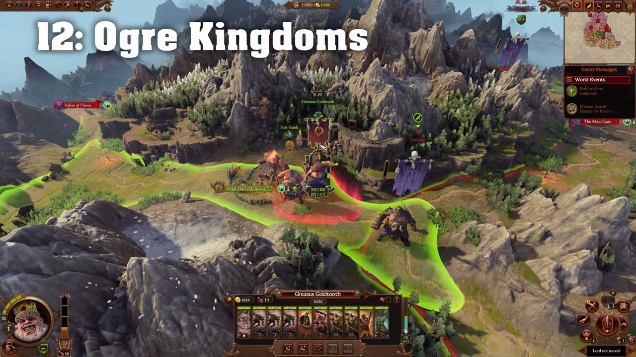 Ogre Kingdoms campaign map with Greasus Goldtooth selected, visible camps including Great Hall of Greasus and Furt Stank, army units, and lord UI elements.