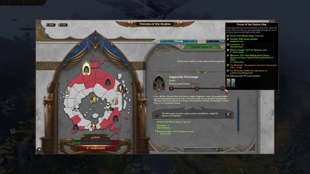 Patrons of the Realms interface showing a map with seat locations, one vacant Nagarythe patronage panel, upgrade tiers, and Phoenix King favor bonuses tooltip.