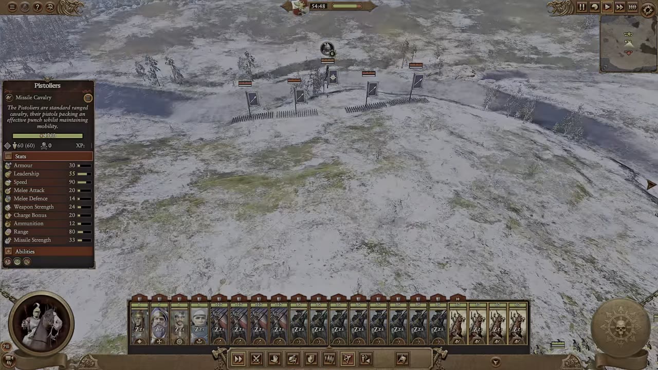 Pistoliers unit selected in the battle interface with missile cavalry stats visible: Armour 30, Leadership 55, Speed 90, Melee Attack 20, Melee Defence 14, Weapon Strength 24, Charge Bonus 16, Ammunition 80, Range 80, Missile Strength 33.