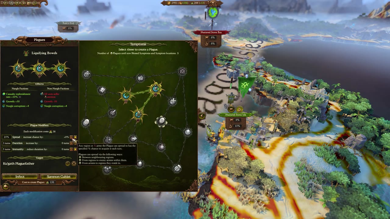 Plague creation panel with a web of symptoms, three connected symptoms selected, modifiers for spread chance (2.5%), duration (0 turns), and immunity (0 turns), plus effects for Nurgle and non-Nurgle factions, infect and summon cultist options, and cost to create plague.