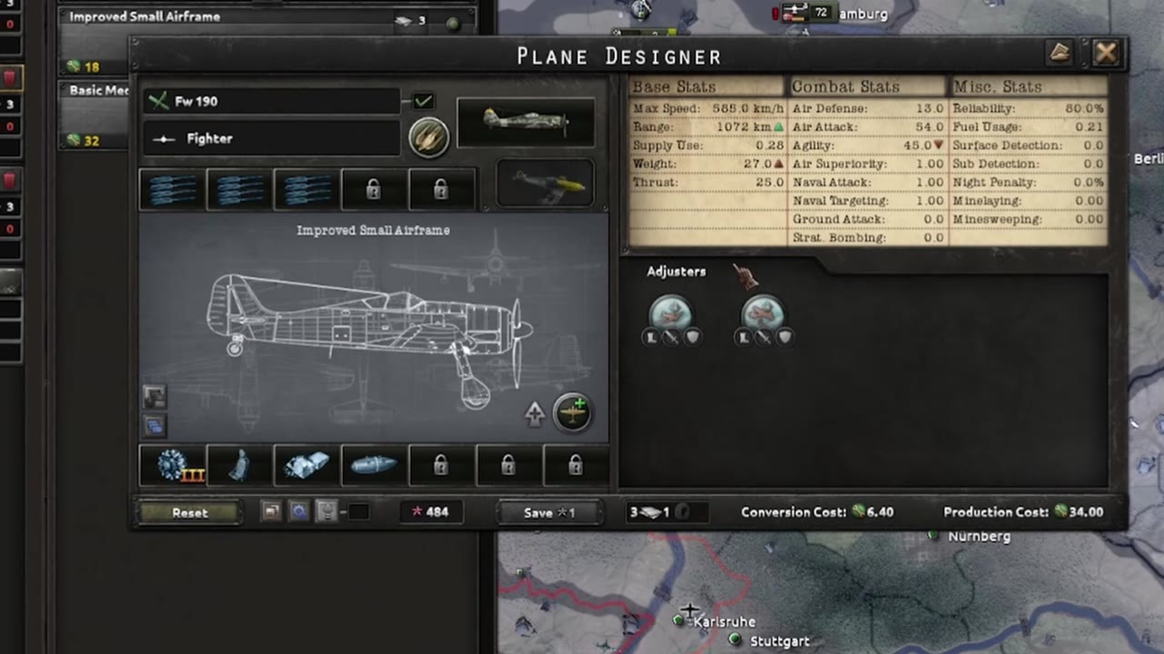 Aircraft designer showing a fighter built with three heavy machine guns, engine three, one armor plate, and one fuel tank.