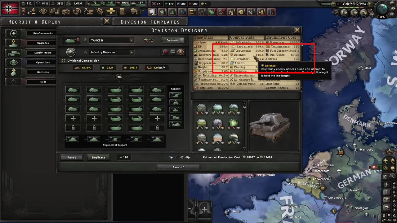 Tanks R division designer with the Combat Stats panel showing Air Attack 209.9
