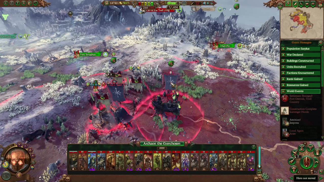 Campaign map showing multiple enemy armies around Fort Straghov. Red reinforcement circles highlight which armies are within range of the settlement and each other. Archaon the Everchosen's army is selected with unit details shown.