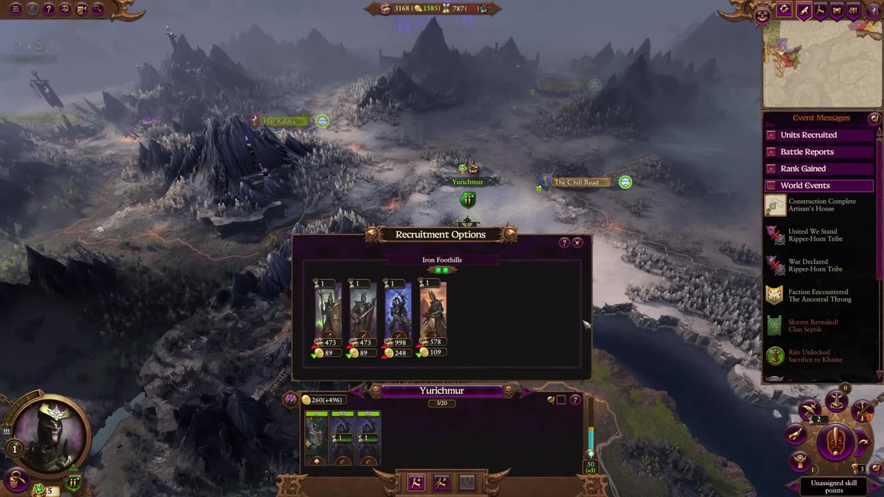 Recruitment options for a second lord at Yurichmur, with Shades ready to be recruited while Malekith advances on the campaign map.