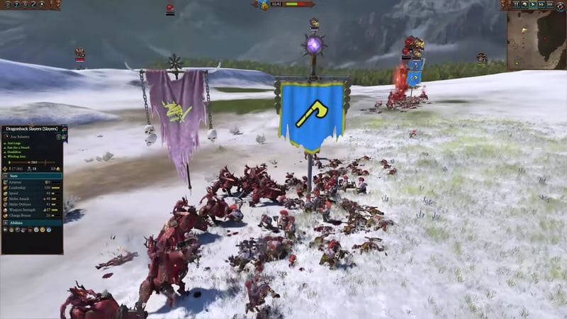 Dragonback Slayers unit card with stats and abilities visible on the left, the unit banner in center, and Dragonback Slayers fighting Skullcrushers in a snowy battlefield.