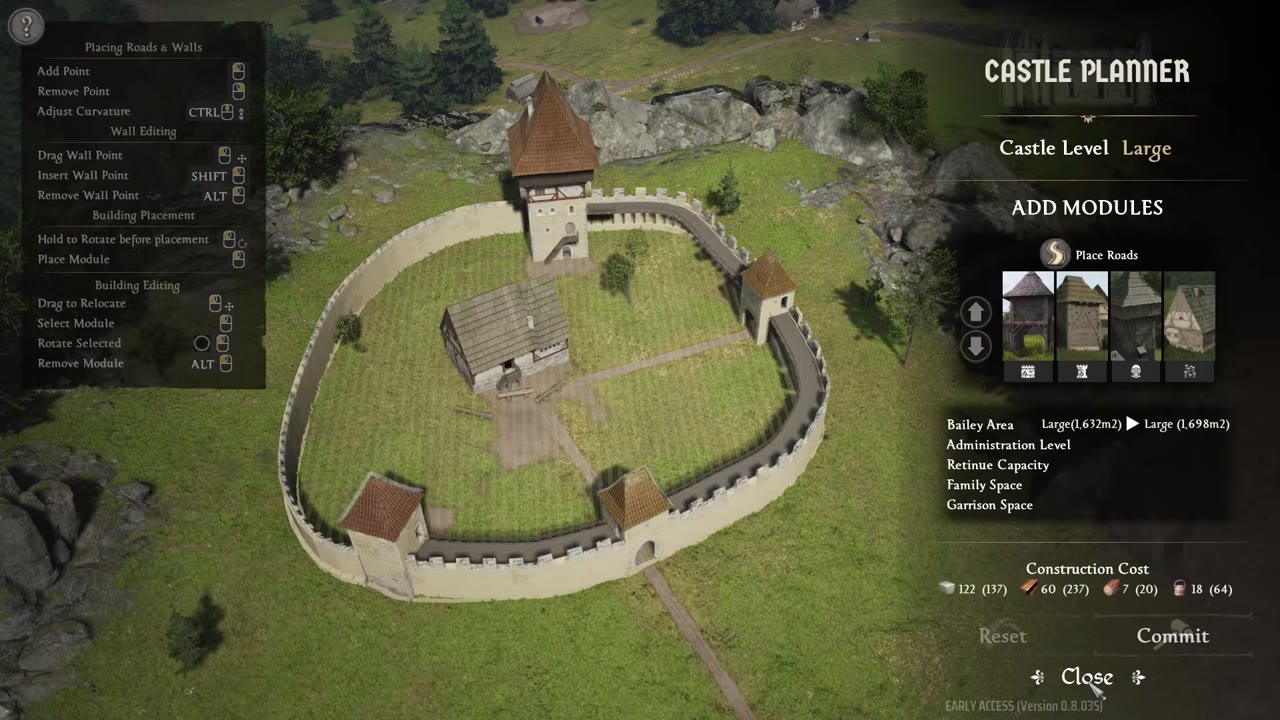 Castle Planner screen with a bird's-eye view of a manor surrounded by stone walls and towers. The right panel shows construction cost: 122 stone, 60 wood, 7 metal, 20 clay, 18 other materials. Some modules are available to add.