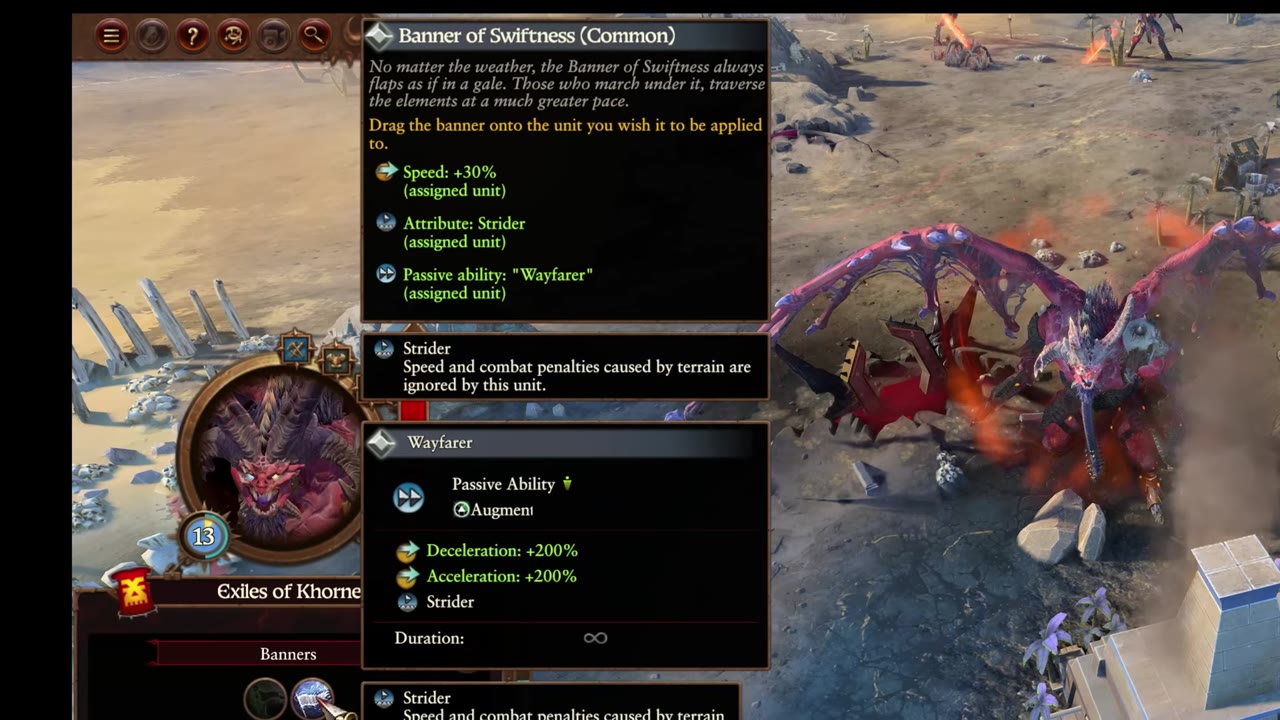 Item panel showing Banner of Swiftness (Common), with speed +30%, Strider attribute, and Wayfarer passive ability bonuses. Skarbrand and Exiles of Khorne faction details visible on the left.