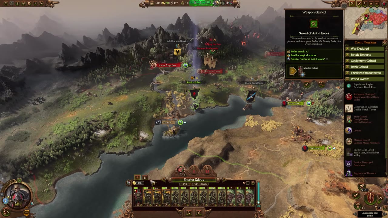 Campaign map with an army panel open for Shurkz Edbut, showing unit composition and totals, but without a clear indicator of secondary Waaagh capacity.