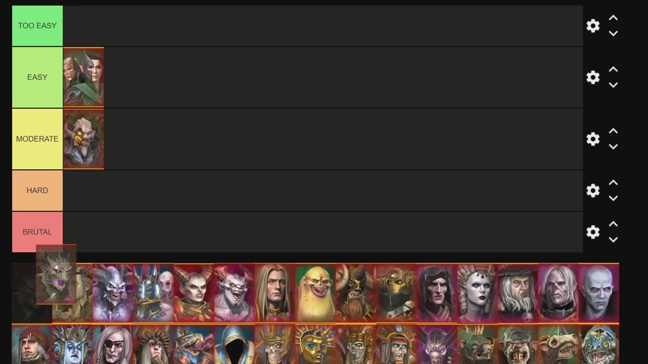 Tiermaker ranking with Sisters of Twilight in 'Easy', Durthu in 'Moderate', and Drycha being actively placed; other Wood Elf and Chaos lord portraits are still unplaced below.