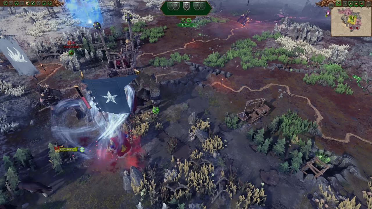 Campaign map with an army in ambush stance beside Fort Ostrosk. Ambush visual effects are visible, and enemy armies are positioned nearby.