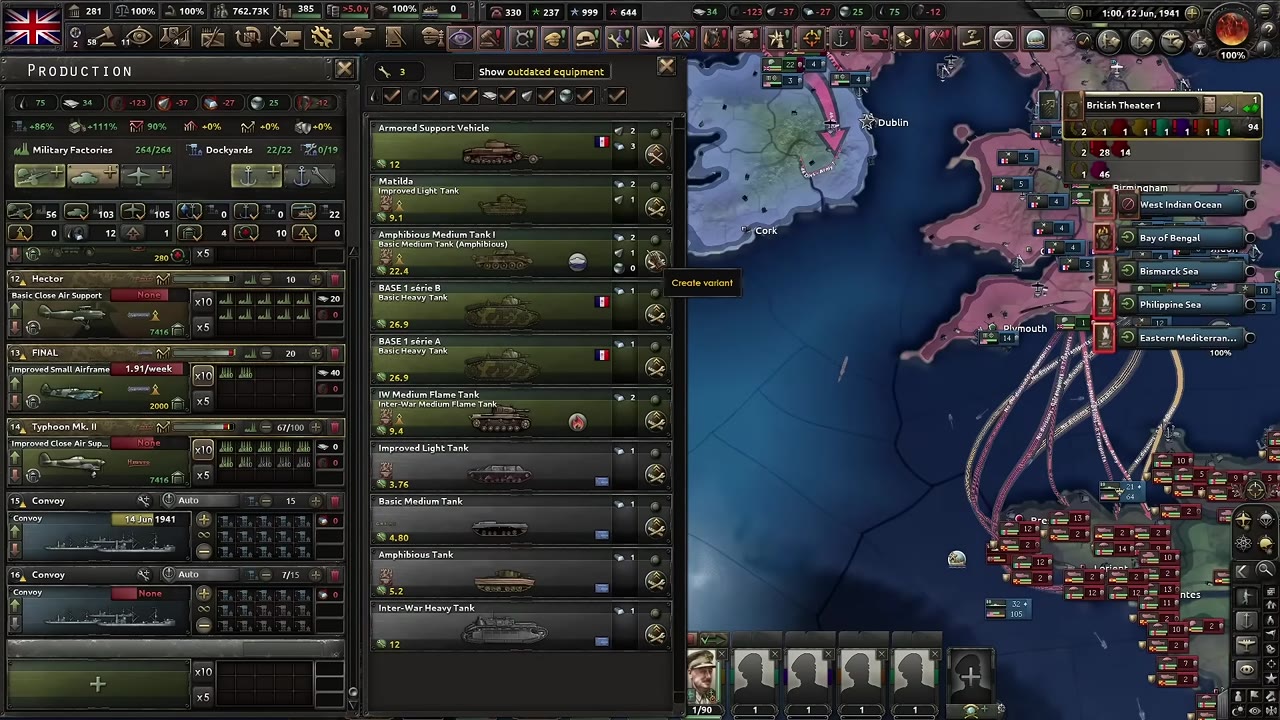 Army overview screen with the UK preparing 14 amphibious divisions for a landing, visible as '14' next to Plymouth, and production lines for amphibious medium tanks.