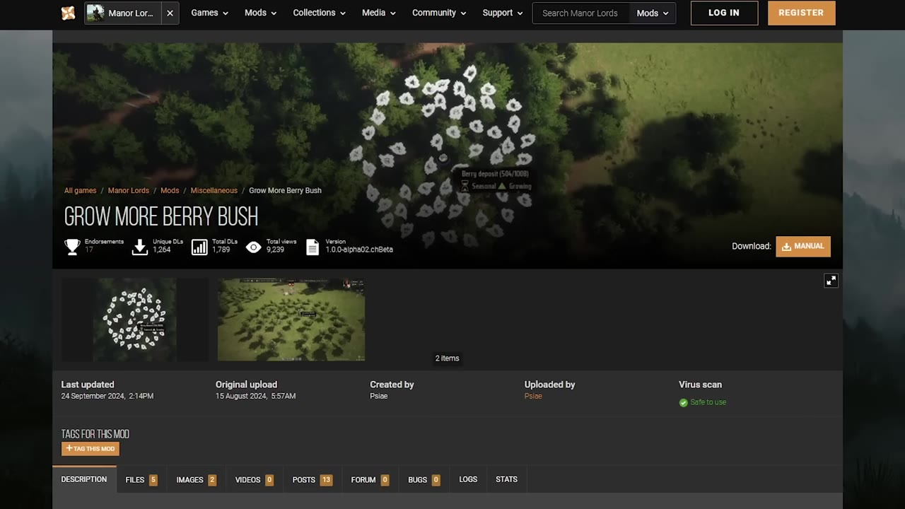Mod page for Manor Lords titled 'Grow More Berry Bush'. Includes a screenshot showing a berry deposit with stats (504/1008, Seasonal, Growing). Mod stats such as endorsements and downloads are visible. The manual download button is present.