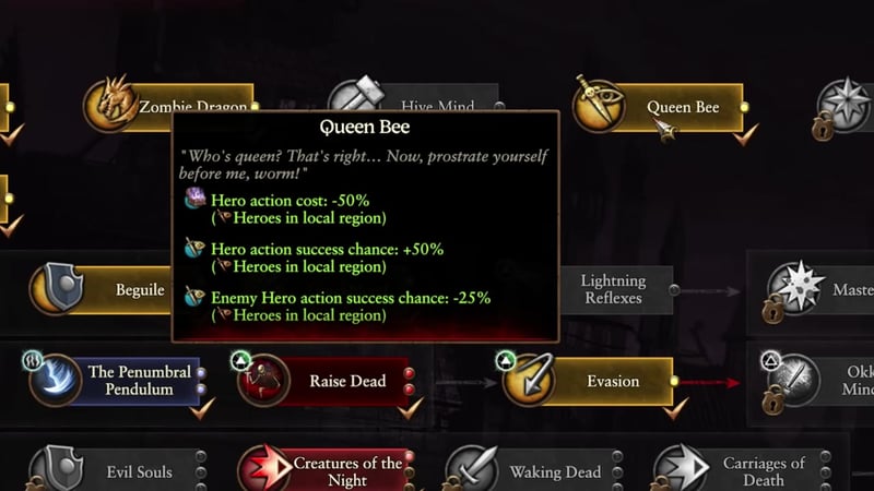 Blood Kiss unlocks screen with Queen Bee reward highlighted; tooltip shows hero action cost -50%, hero action success chance +50%, enemy hero action success chance -25%.