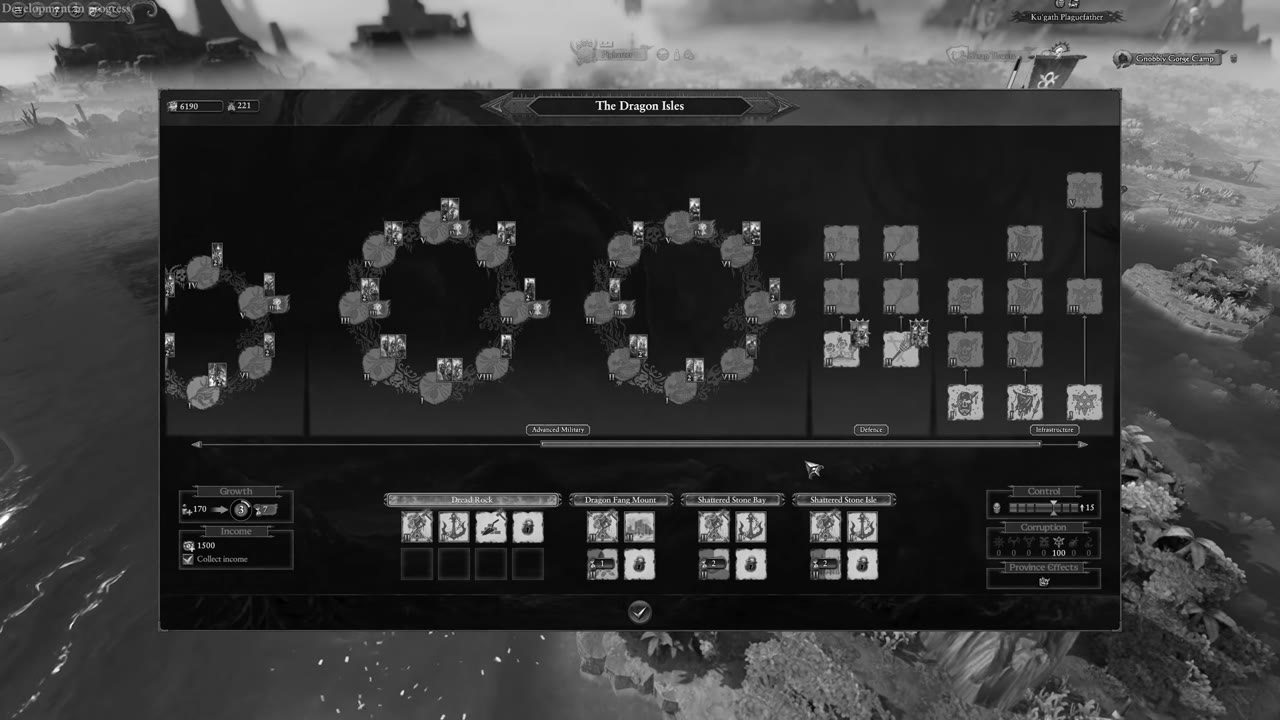 Settlement building panel for The Dragon Isles with building chains labeled 'Advanced Military,' 'Defence,' and 'Infrastructure.' Costs for growth, income, control, and corruption are visible, as well as individual buildings and their tiers.