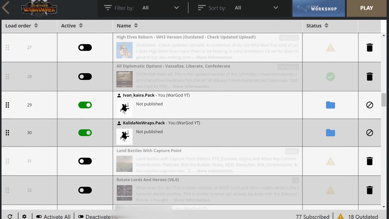The Total War: Warhammer 3 mod loader screen showing multiple installed mods, including 'Ivan_kaira.Pack' and 'KalidaNoWraps.Pack' with green toggles indicating they are active.