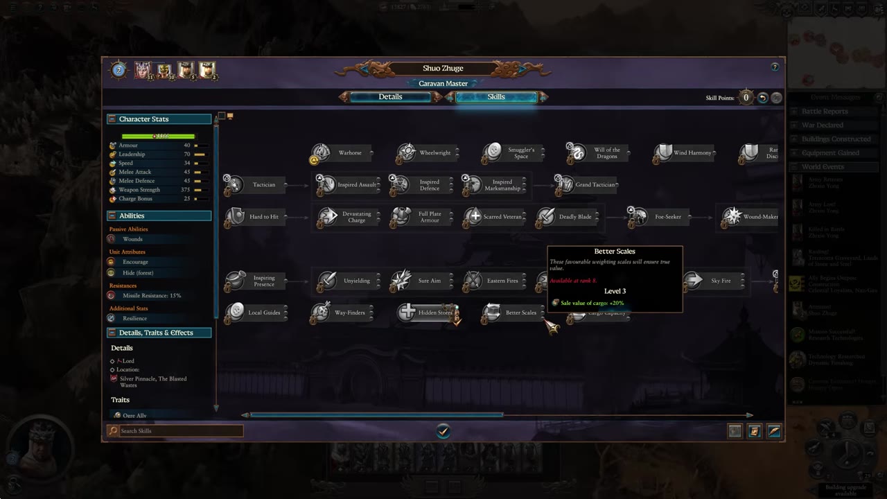 Caravan Lord skill tree screen for Shuo Zhuge (Caravan Master), with caravan-specific skills like Hidden Stores and Better Scales visible, plus stats, abilities, and details panel on the left.