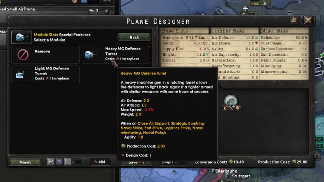 Plane Designer screen in Hearts of Iron IV with a CAS template, showing module slot selection for Heavy MG Defense Turret. Air defense, air attack, agility, production and design costs are legible, with total air defense stat highlighted (15.0) on the right.