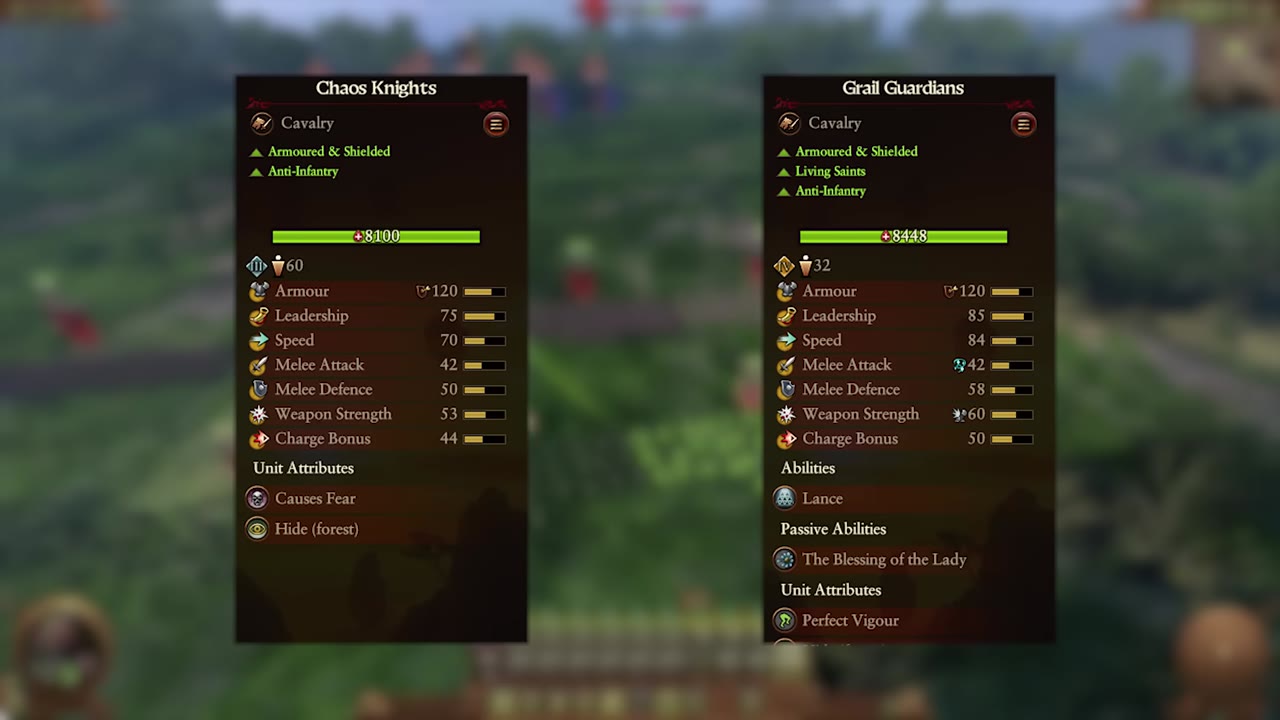 Side-by-side unit cards for Chaos Knights and Grail Guardians, displaying stats like armor, melee attack, melee defense, charge bonus, and special abilities.