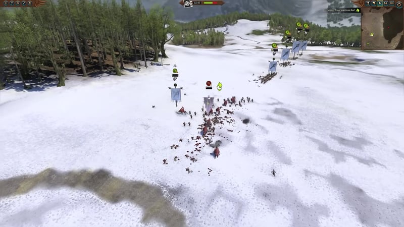 Battle scene with Celestial Dragon Guard engaged against Skullcrushers in a wide line formation on a snowy field, other units visible in reserve.