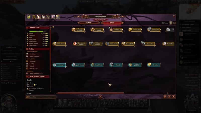 Empire Captain skills screen with 'Spread Control' skill option visible, alongside abilities and stats; other skills such as 'Training', 'Assault Units', and 'Specialist' are also present.