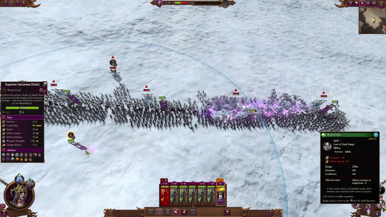 Battle scene with Supreme Sorceress (Dark) selected, showing unit stats and a tooltip for the Word of Pain spell from Lore of Dark Magic with cost, effects, and cooldown. Several Dark Magic spell icons are visible in the abilities bar but only one tooltip is open.