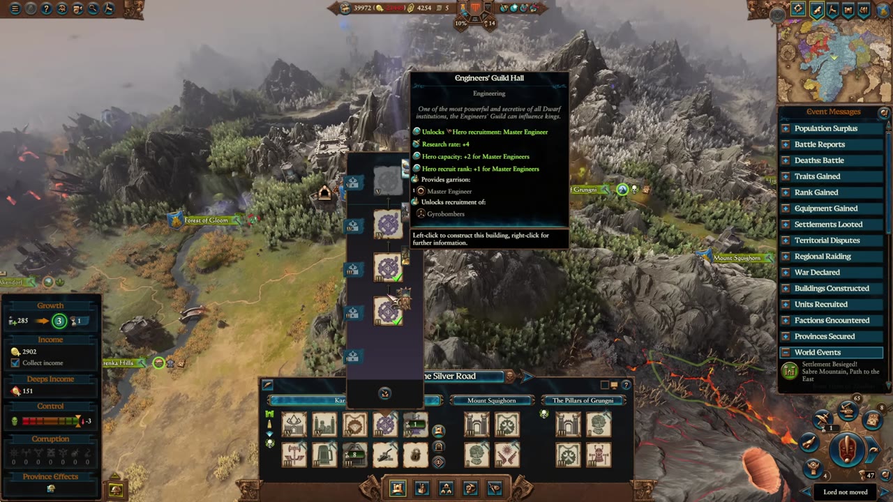 Dwarf campaign map with Thorgrim Grudgebearer's settlements, nearby enemy territory, and the Engineers' Guild Hall building tooltip open showing recruitment and research bonuses.