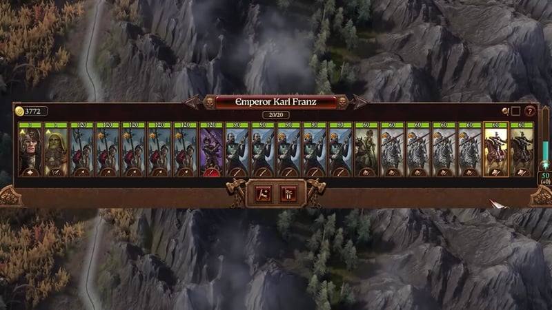 Army composition screen for Emperor Karl Franz showing 20 units: halberdiers, greatswords, handgunners, outriders, and cavalry, with clear unit icons and quantities.