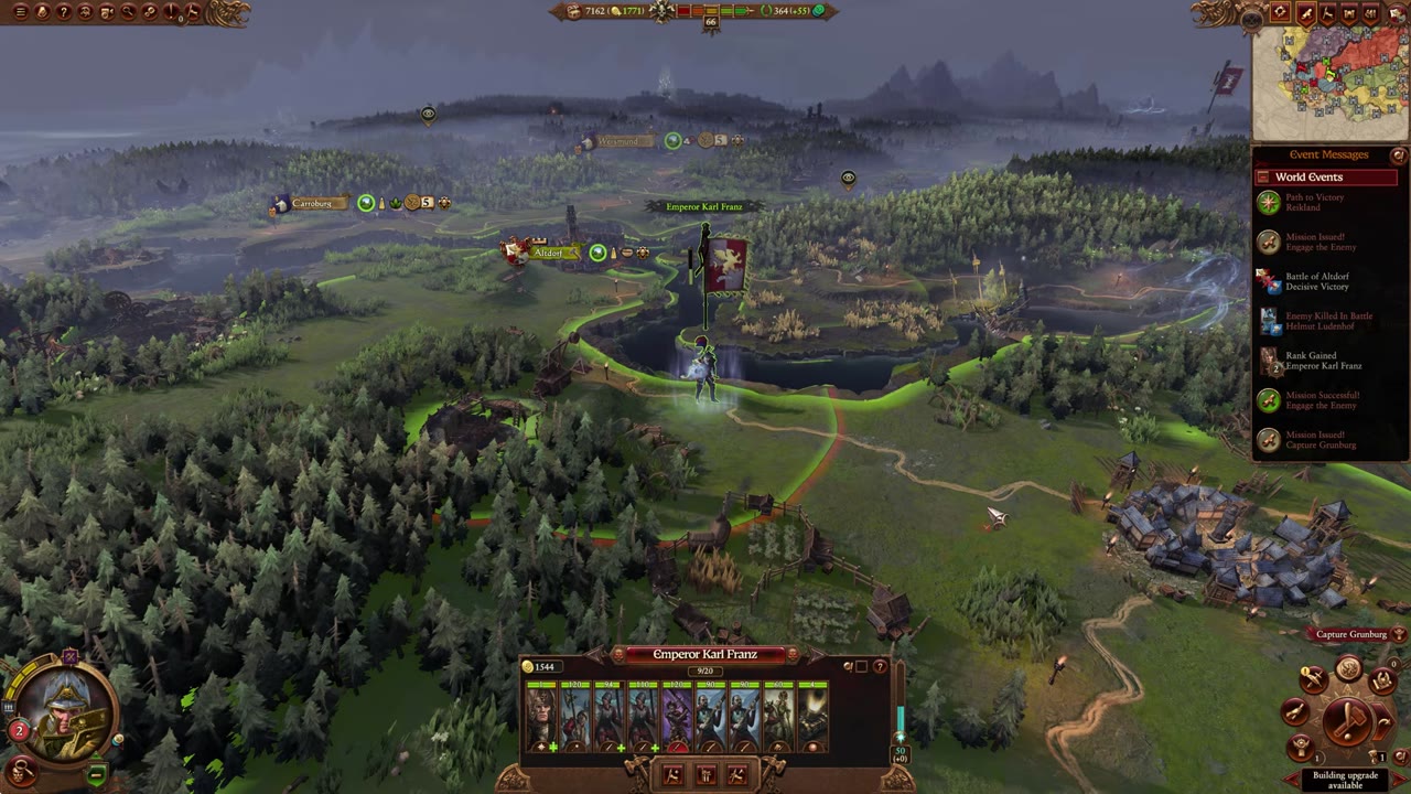 Campaign map screen in Total War: Warhammer III with Emperor Karl Franz selected, showing his roster and the surrounding settlements Altdorf and Carroburg.