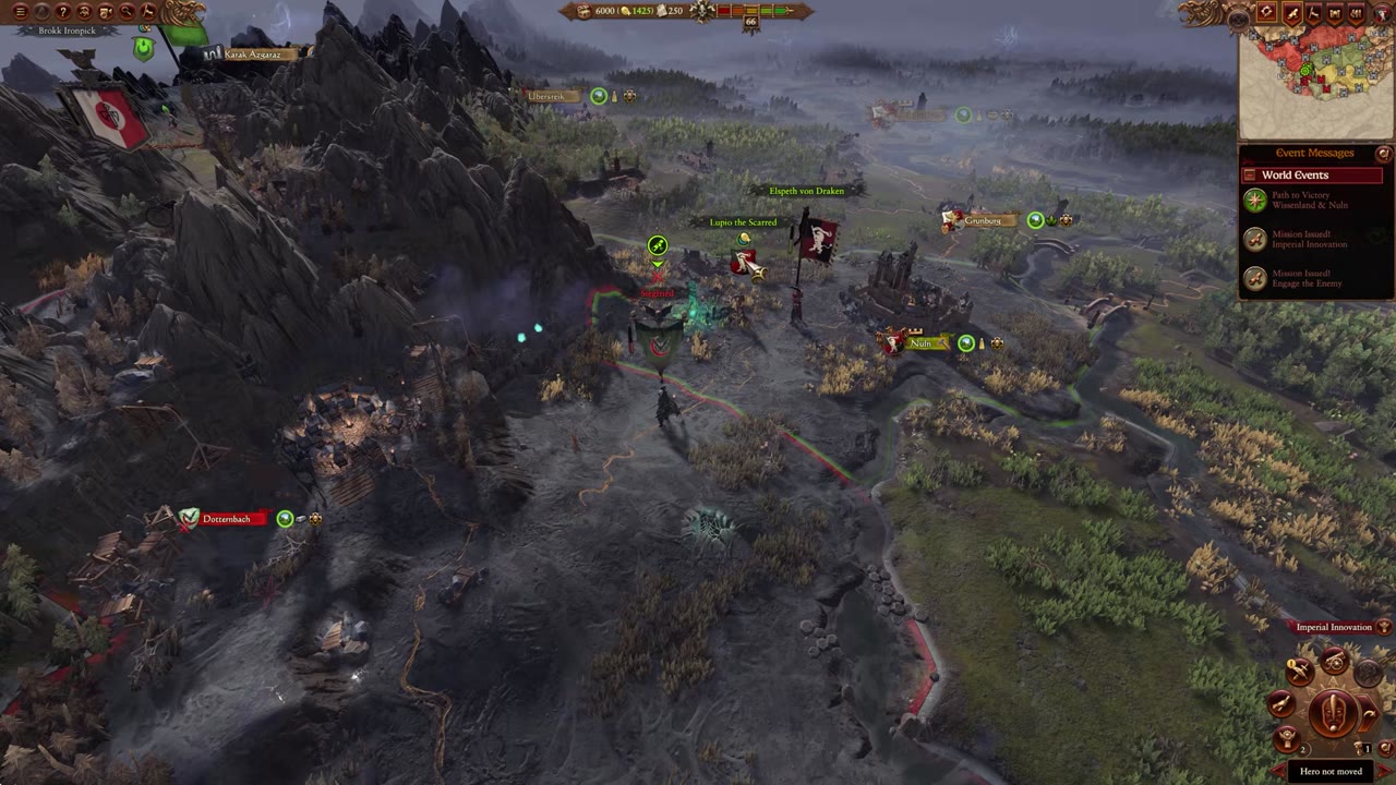 Empire campaign map showing Elspeth von Draken's starting location near Nuln, with nearby enemy Vlad's faction territory, and mission messages visible.