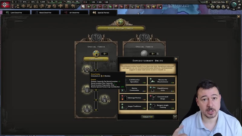 The Expeditionary Units perk tree with the first perk's tooltip open, 'Shore Parties' unlocked at 60 Mastery, granting Division Capacity Per Naval Invasion +2, Naval Invasion Plan Capacity +1, Naval Invasion Preparation Time -5, and Marine Special Forces Cap Contribution -25%