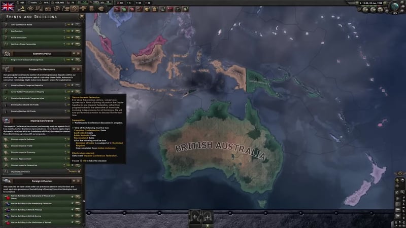 Events and Decisions panel with 'Discuss Imperial Federation' hovered, showing prerequisites including 'Imperial Conference in progress' and effects such as '-3 Daily Autonomy Progress' and gain 'Imperial Conference: Federation.' 