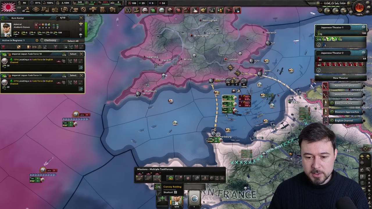 Fleet and air orders are organized for patrol, strike force, and convoy raiding in the Channel, supporting the naval invasion operation.