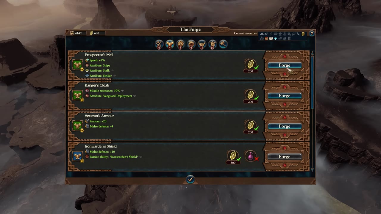 Forge interface displaying craftable items for dwarven lords and heroes, with Oathgold costs, item attributes, and current Oathgold and resource totals at the top.