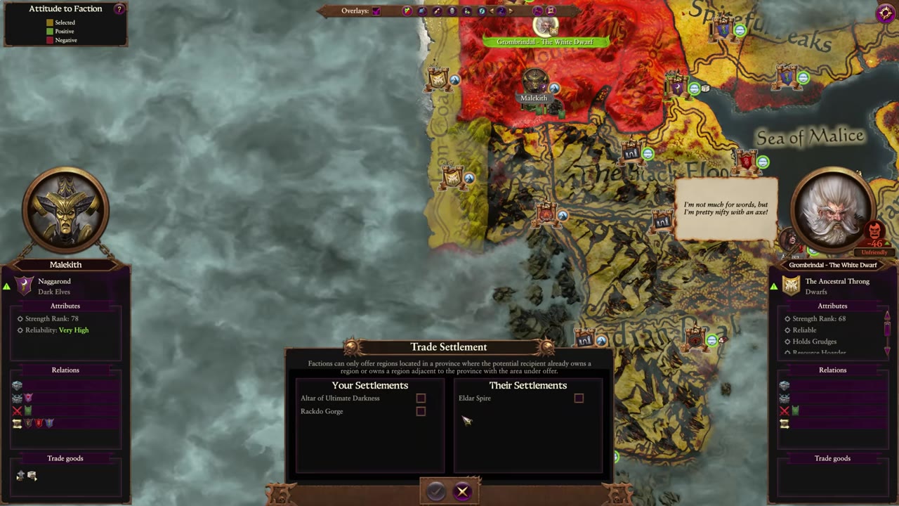 This screen shows the option to trade Rakdo Gorge to Grombrindal, providing a diplomatic route to manage early threats.