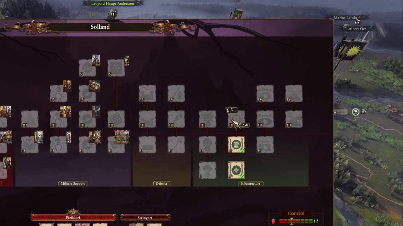 Settlement building browser for Solland, focused on the infrastructure row, showing available and locked income buildings with two slots occupied by income structures.
