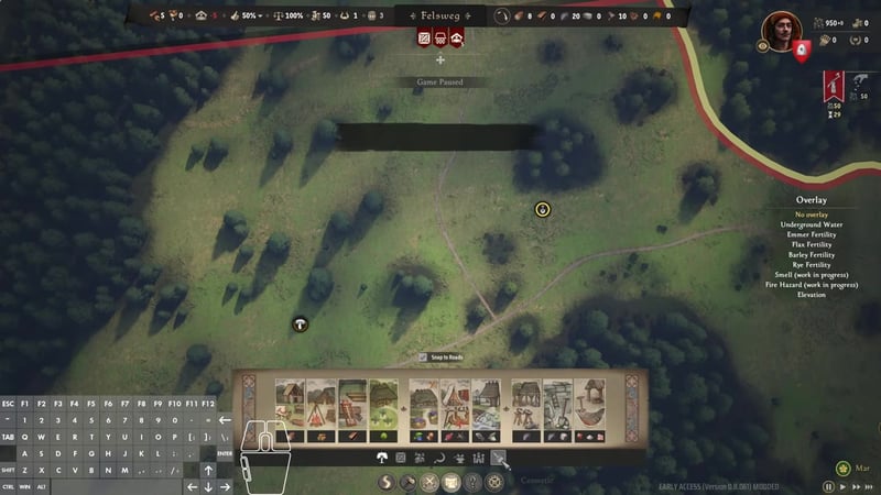 In-game map view with resource, treasury, and influence bars at the top; influence is shown as 0, treasury as 950, timber as 20.