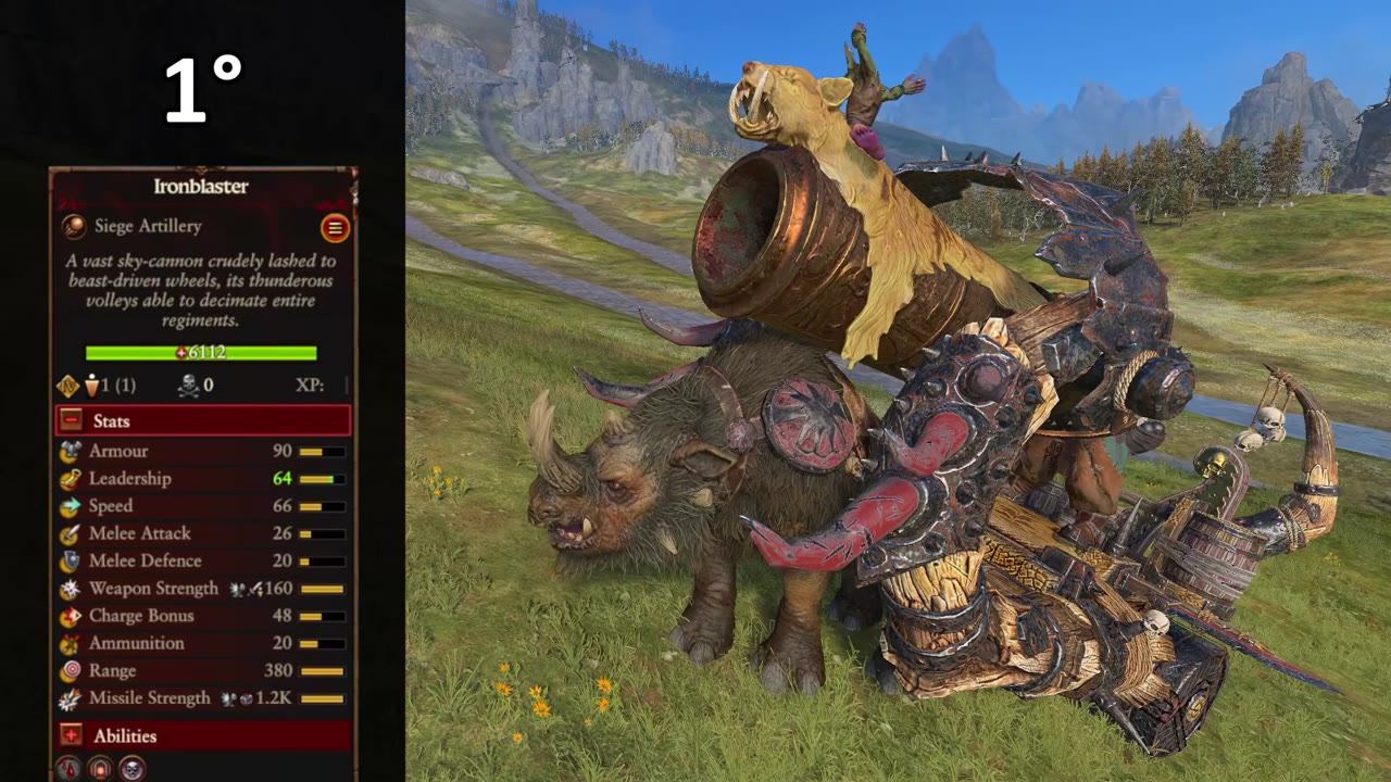 Ironblaster unit card displaying stats with missile strength of 1.2K, armor-piercing damage, and Sundered Armor; battlefield view shows the Ironblaster cannon on the field.