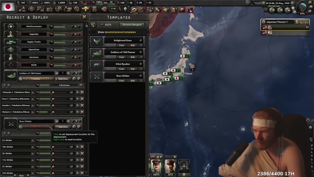 Templates menu and division types visible on the left, map view of Japanese island territory with units deployed, and some unit stats readable.