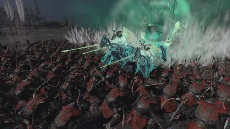 In-game battle scene showing the Mortis Engine centered amid a dense horde of undead infantry, with a visible green regeneration aura radiating from it.