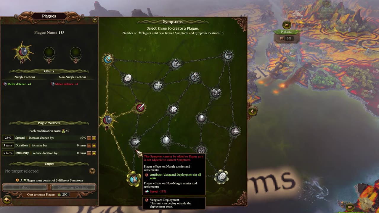 Plague crafting interface with a web of symptom choices, three empty symptom slots, modifiers for spread, duration, and immunity, and options to infect or summon a cultist.