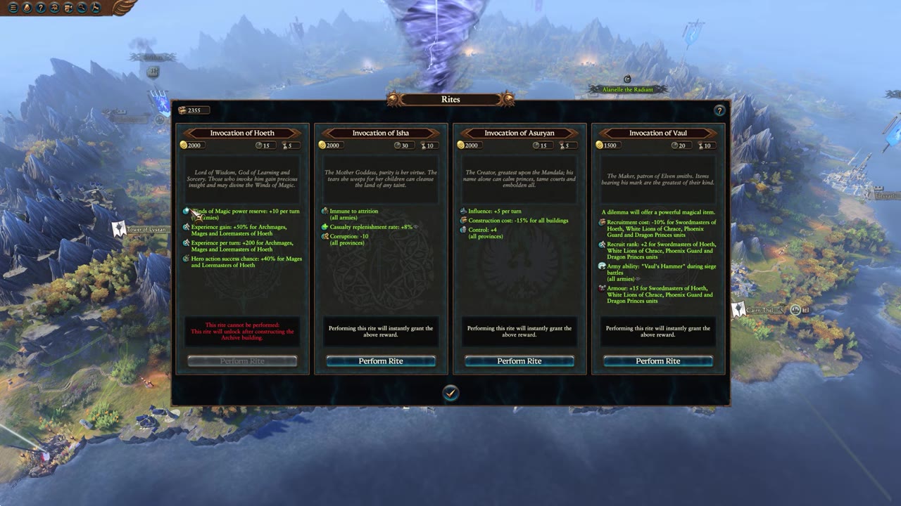 Rites selection panel for High Elves with four rites: Invocation of Hoeth, Isha, Asuryan, and Vaul. Each rite lists gold cost, influence cost, cooldown duration, and detailed descriptions of the temporary bonuses provided.