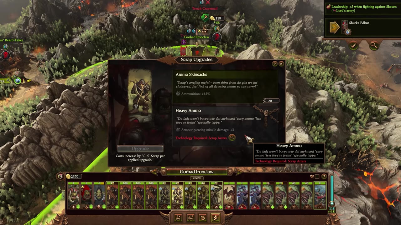 Scrap Upgrades panel open above the unit cards, showing two upgrade options: Ammo Skinsacks costing 20 Scrap and Heavy Ammo requiring Scrap Arrers technology, with Gorbad Ironclaw's army visible below and a Scrap total of 2370 displayed.