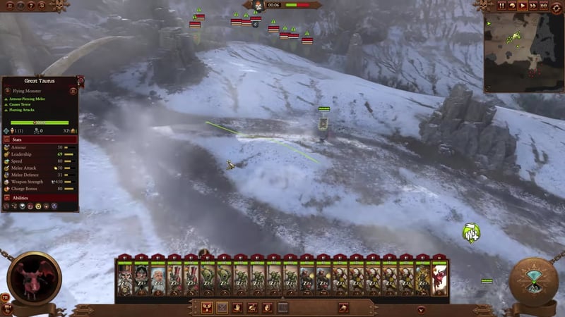 Battle deployment screen with a snowy landscape, enemy units positioned behind rock formations, player's army with Great Taurus selected showing its stats, and the full unit roster including blunderbusses, archers, laborers, Astrogoth, and Castellan.