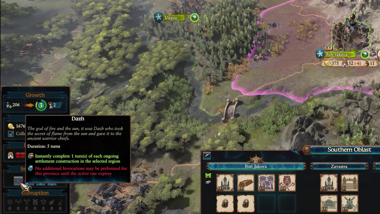 Settlement screen for Fort Jakova in Southern Oblast with the Dazh invocation tooltip open, showing effects: instantly completes 1 turn of ongoing settlement construction in the region; invocation duration is 5 turns; other invocations locked until expiration.
