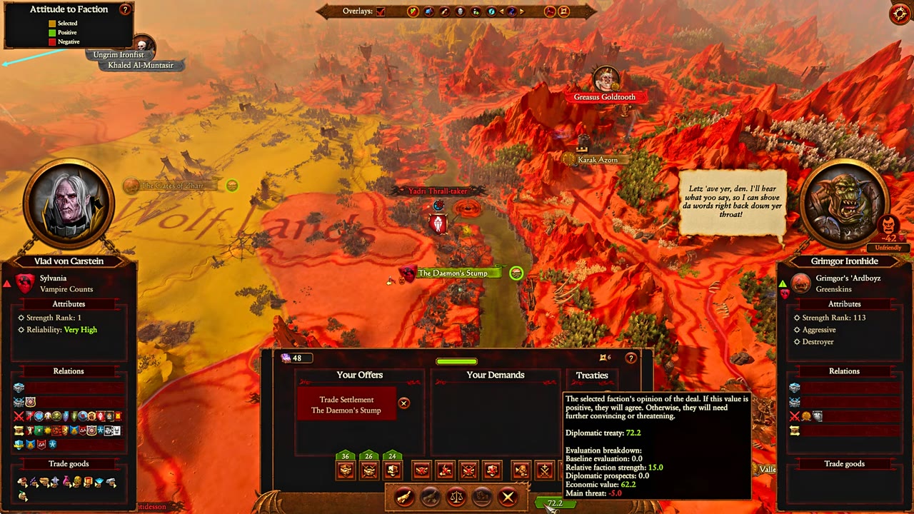 Settlement trade window offering 'The Daemon's Stump' to Grimgor Ironhide, with diplomatic treaty value 72.2 and economic value 62.2 shown in the tooltip, and a map showing the settlement's location.